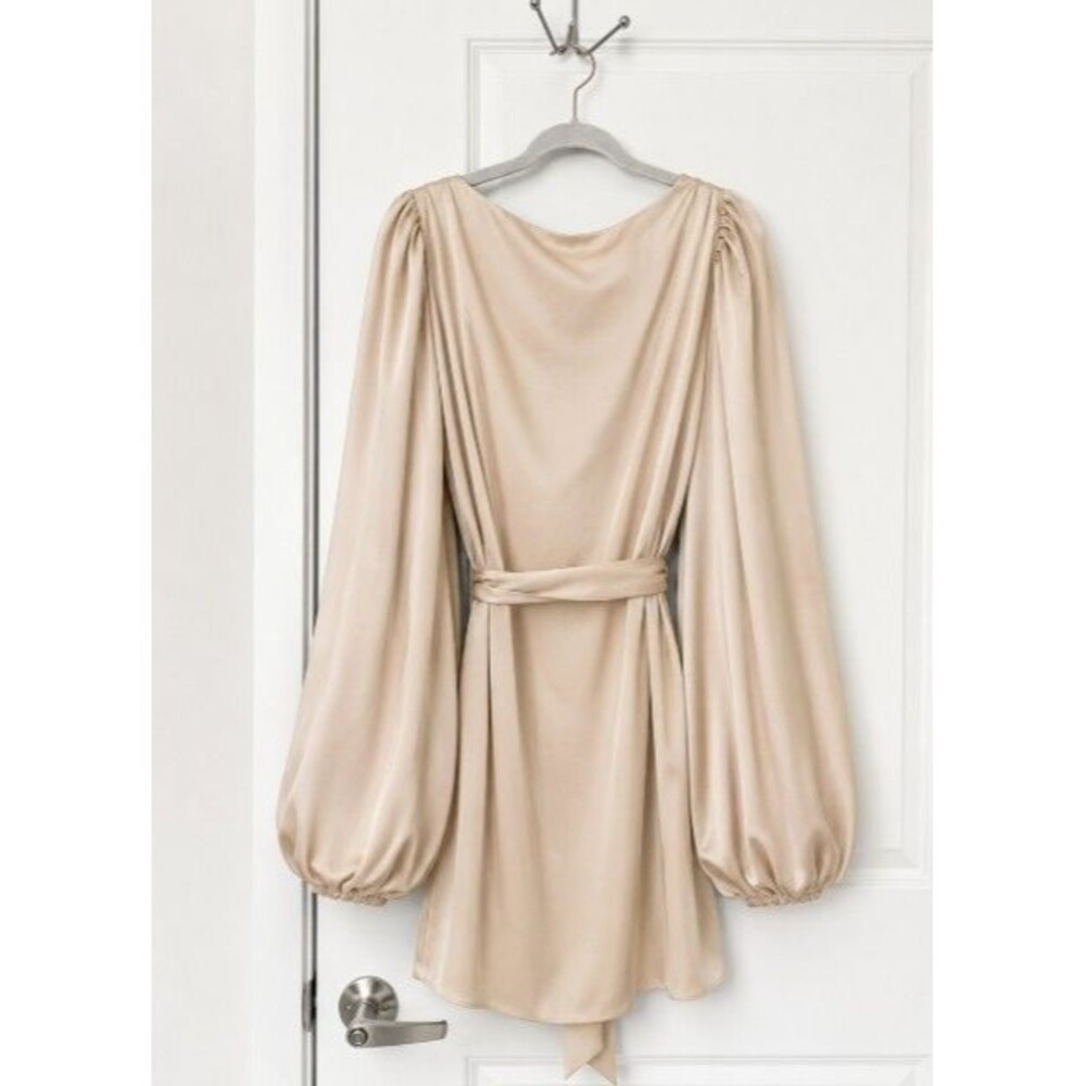 Oh Polly Balloon Sleeve Tie Waist Satin Mini Dress Cream Size US 6 UK 10 - Picture 3 of 7